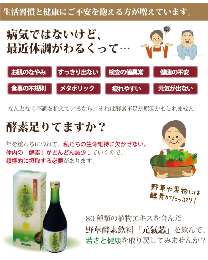 酵素足りてますか 病気ではないけど最近体調が悪くって、健康が不安なアナタに元氣芯